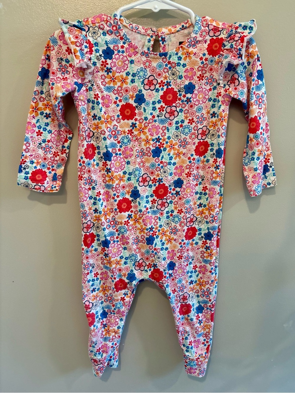 Tea Collection Floral Ruffle-Shoulder Longsleeve Romper - Size 12-18M